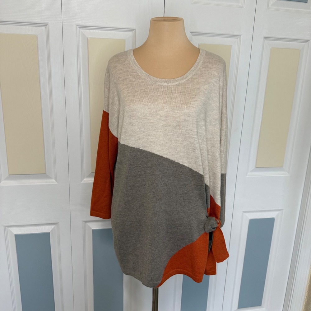 Chicos Womens Colorblock Tunic Sweater Side Tie Cashmere Blend Orange Grey 1 M